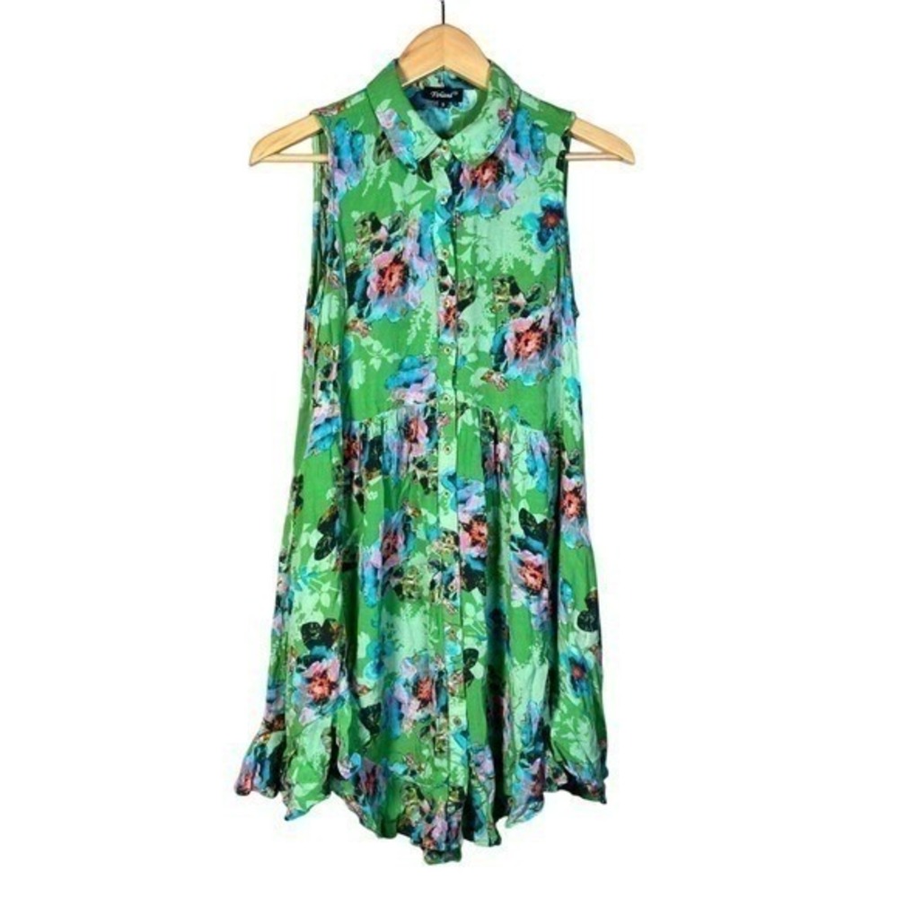 Tolani Lightweight Mini Dress Small Green Button Front Sleeveless Boho